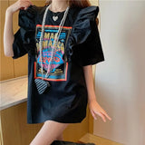 Cotton Loose 4XL Cute Splitted Ruffles Vintage Letter Print T Shirts for Woman Girls Kawaii Y2k Tops Harajuku Black