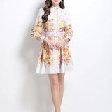 Fongt Elegant High-End Dress Woman 2025 New Collar Lantern Sleeve Buckle Waist Print Dress