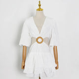 TWOTWINSTYLE White Sexy Dress For Women V Neck Lantern Half Sleeve Hollow Out High Waist Mini Dresses Female Summer New
