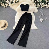 Fongt Strapless Short Top High Waist Casual Loose Wide Leg Pants-Outfit