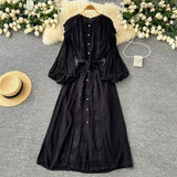 Fongt And Autumn New French Retro Hollow Hook Lace Spliced Lantern Sleeve Dress Strapped Waist Temperament Dress