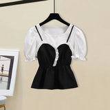 Women Summer French Vintage Two Pieces Set Korean Puff Sleeve Fake Two Piece Patchwork Tops And Draped Bodycon Mermaid Skirt