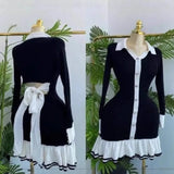 Fongt Bow Tied With Lot Of Leaves Side Of The Knitted Dress Pearl Buckle Long-Sleeved Little Scented Style Dress