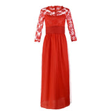 Autumn Dress Red Long-Sleeved Lace Perspective Dress Evening Dress-Outfit