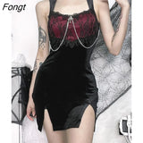 Darkness Velvet Party Dresses For Woman Elegant Gothic Lace Chain Split Bodycon Black Mini Dress Chic Patchwork