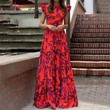 Fongt 2025 Dopamine Women's Printed Round Collar Long Lotus Leaf Side Dress