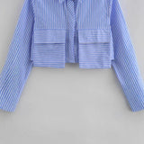 Fongt 2025 New Pocket Decorated With Blue Striped Short-Sleeved Shirt For Women