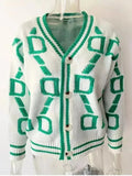 Printed Cardigan Women Autumn Winter 2023 New V Neck Loose Long Sleeve Casual Jumper Tops Button Vintage Knitted Sweater-Outfit