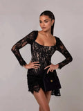 Long-Sleeved Sexy Lace Fish Bone Girded Waist Dress Autumn And Winter New Short