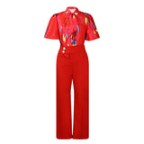 Fongt New Summer Printing Long-Sleeved Shirt Top Broad Leg Pants Fashion Set Two Sets