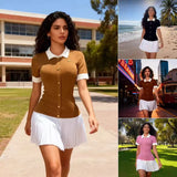 Fongt Wind Bumping Collar Short Sleeves Covert Thin 100 Folded Knitted Dress