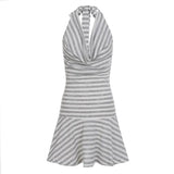 Fongt Women's Temperament Simple Pile Tie Stripe Bump Color Hanging Neck Tie Dress Short