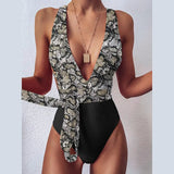 Solid Red One Piece Swimsuit Women Push Up Lace Up Bandage Bodysuit Brazilian Deep V Neck Backless Bathing Suit