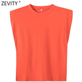 Women fashion solid color shoulder pad casual T-shirts female basic o neck sleeveless knitted T shirt chic leisure tops