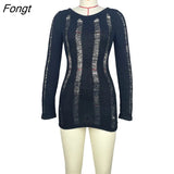 Hollow Out Knitted Mini Dress Women Sexy See Through Hollow Out Long Sleeve Backless Slim Night Clubwear Party