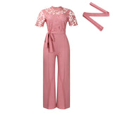 Fongt Women's Sexy Lace Lace Hollow Short-Sleeved Strap High-Waisted Broad-Legged Jump-Legged Jumpsuit