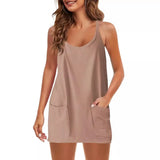Fongt Summer Solid Sleeveless Dress Fine Shoulder Strap Vest Skirt Sports Skirt Pocket