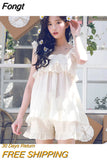 women's summer solid color thin sexy suspender shorts two-piece sleeveless vest cute home service Lace white