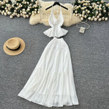 Fongt Holiday Set Women In Summer Pure Want To Close Waist Hanging Neck Lace Splicing Sling Vest Fairy Chiffon Half-Body Skirt