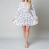 Fongt Women's Temperament Sweet Broken Flower High Waist Repair V Collar Short Long Sleeve Dress