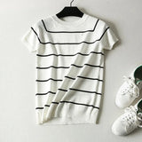 Sleeve Knit Pullover Tops Women Spring Summer Stripe Tshirts Korean White Black Knitwear Jumper Tee New