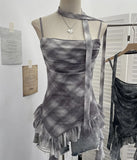 Fongt Shooting Round Neck Fluttering Dye Printing Irregular Lotus Leaf Side Mesh Slings Slings Sleeveless Top 1218
