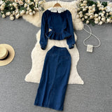 Fongt New Retro Suit Female Lace Doll-Collar Denim Jacket + Medium And Long Bag Hip Skirt Two-Piece