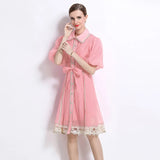 Fongt New Famous Summer Retro Collar Single Buckle Lace Lantern Sleeve Dress