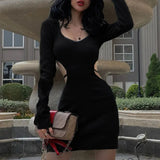 Fongt Spring 2023 New Sexy V-Neck Back Hollow Strap Waist Long Sleeve Women's Dress Pack Hip