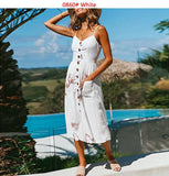 Boho Printed Beach Dress Women Spaghetti Straps Backless Sexy Dresses Female Casual Button Pocket Sleeveless Midi