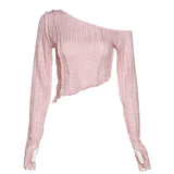 Fongt 2023 New Women's Solid Color Fashion Diagonal Shoulder Sexy Perspective Slim Wooden Ear Long Sleeve T-Shirt-Outfit