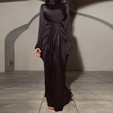 Fongt New Women's Folded Long Sleeves To Close The Waist Irregular Solid Dress