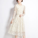 Fongt Fragrant Suit Women's Short Round Collar Bubble Sleeve Lace Blouse High Waist Swing Half Dress Women's Autumn Dress Two Sets
