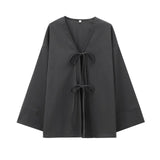 Fongt Wind Casual Set 2025 Summer Long Sleeve V-Neck Bow Tie With Loose-Fitting Shirt Broad Leggings