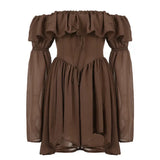 Chiffon Corset Dress Brown Flare Long Sleeve Mini Dresses Vacation Short Party Dress Ruffles Slash Neck Outfit-Outfit