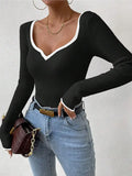Fongt Women's Fashion Temperament V-Neck Knitting Bottom Slim Slim Solid Color Bhair Top
