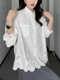 Fongt Design Lace Spliced White Shirt Women's Spring And Autumn And Winter Fat Mm Loose Thin Inside Stacked Clothes