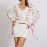 White Pink Ribbon Lace Up Sweater Cardigan-Outfit
