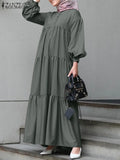 ZANZEA Fashion Women Lace Up Spring Muslim Maxi Dress 2022 Long Sleeve O-Neck Ruffled Vestidos Elegant Casual Party Loose