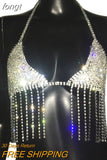 New Rhinestone Metal Texture Suspender Top Sexy Backless Tassel Bralette Nightclub Beach Crop Tops for