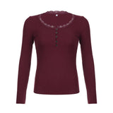 Lace Trim Rib Long Sleeve Slim Tee-Outfit