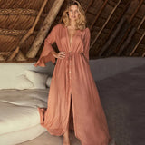 Fongt Bamboo Cloth Button Horn Sleeve Cardigan Long Sunscreen Clothing Beach Coat Bikini With Swimsuit
