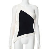 Fongt Summer New Design Feeling Black And White Crash Color Sexy Hanging Neck Strap Slant Shoulder Vest
