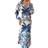 Fongt New Women's V-Neck Long-Sleeved Half-Dress Retro Print Early Spring Lazy Casual Fashion Set