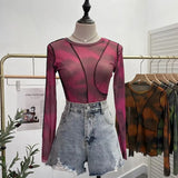 Spring Slim Women See-through Irregular Patchwork Mesh T-shirts Girls O-neck Full Sleeve Sheath Thin Crop Tops-Outfit