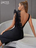 2022 New Summer Black Bodycon Bandage Dress Women Sexy V-Neck Ruffles Mesh Backless Vestidos Celebrity Evening Party