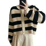 Spring New Korean Style Lazy Gentle Wind Striped Knitted Cardigan Round Collar Color Loose Hair-Outfit