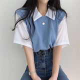 Fongt Summer Polo Lapel Fake Two College Wind Contrast Color Short-Sleeved T-Shirt Women's Loose Casual Versatile Top