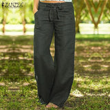 ZANZEA Women Autumn Pants Wide Leg Trousers 2022 Elegant Button Long Pant Turnip Lace Up Pantalon Zip Palazzo
