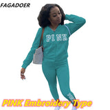 Casual Tracksuits Women Solid Two Piece Set Women Plus Size Pink Letter Embroidery Zipper Hoody Coat + Pants Sets
